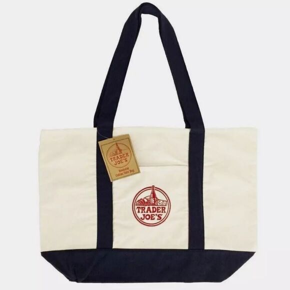 TRADER JOE’S Off White Navy Red Embroidered Logo Heavy Duty Canvas Shop Tote - Picture 1 of 2
